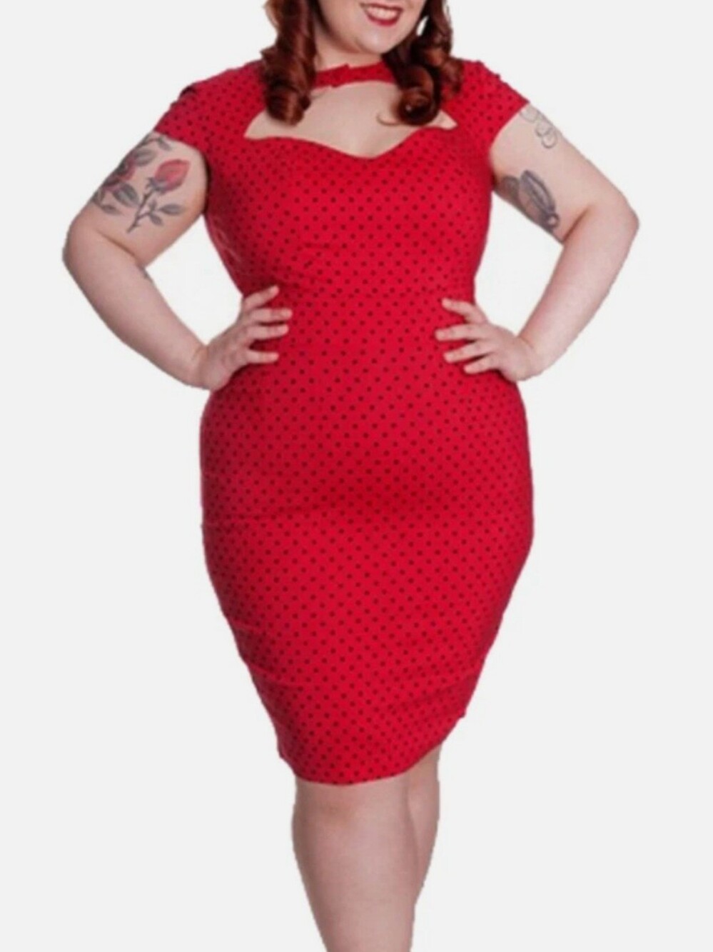 Hell Bunny Red Polka Dot Cap-Sleeve Cutout Pinup Wiggle Dress